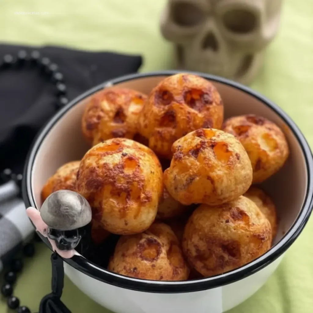 Halloween Skull Potato Bites with dipping sauce on a white table