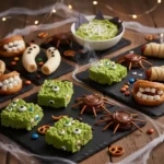 Halloween Treats: Why 6 Desserts Are Always a Hit 5 Halloween treats on slate boards with Rice Krispie monsters mummy dogs and spider cookies