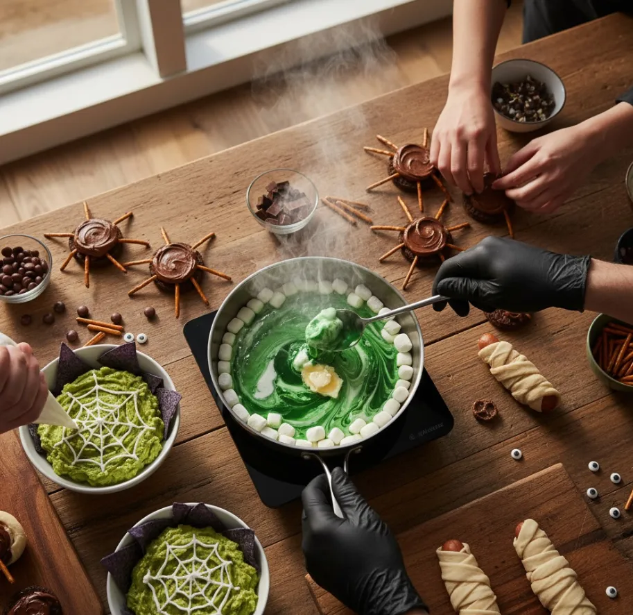 Halloween Treats: Why 6 Desserts Are Always a Hit 7 Hands preparing Halloween treats with green fondue spider cookies and mummy dogs