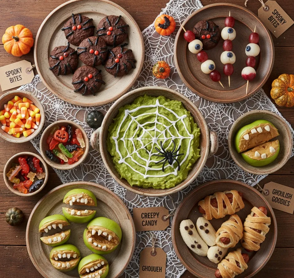 Top view of assorted Halloween treats with guacamole dip spider cookies and fruit skewers