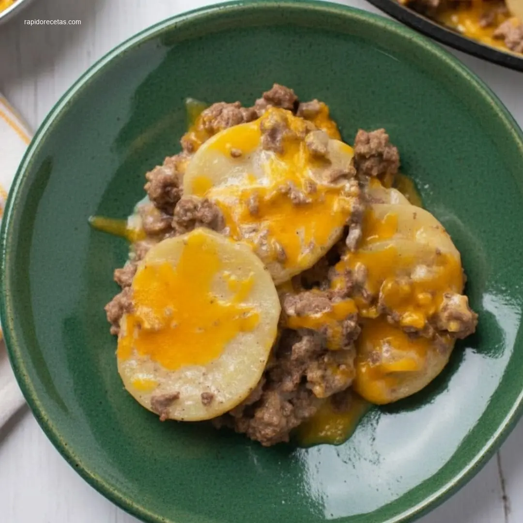 Crockpot Hamburger Potato Casserole: 4 Family Secrets 2 Delicious Crockpot Hamburger Potato Casserole in a white dish