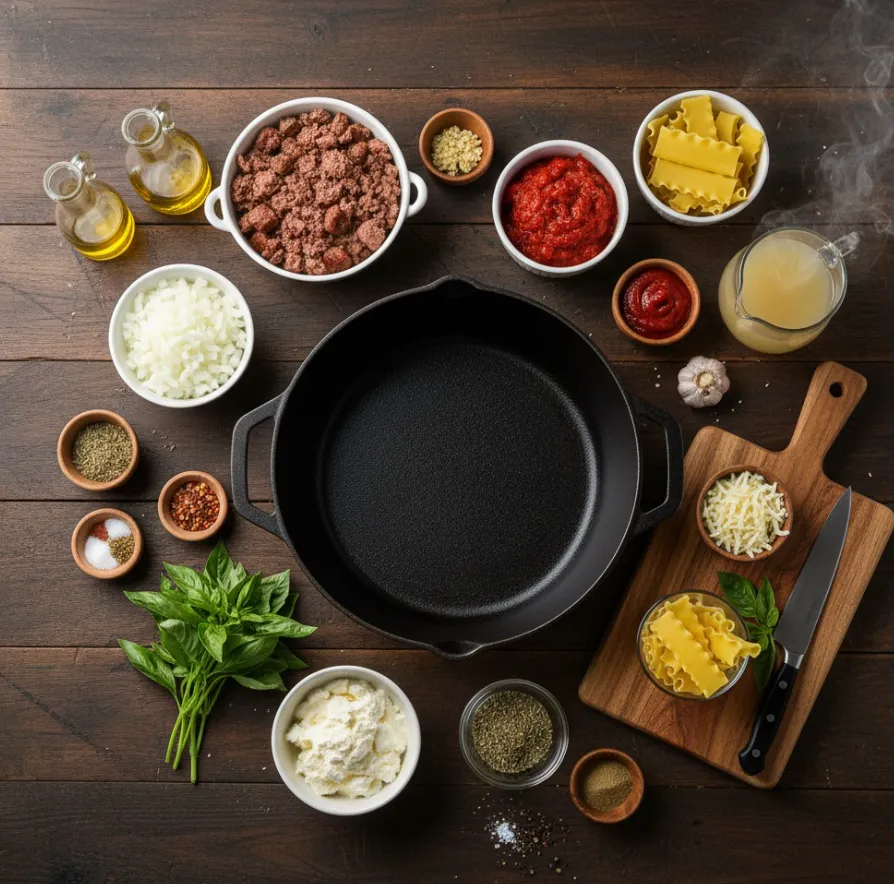 Lasagna Soup: 6 Secrets for the Best Bowl 6 Fresh ingredients arranged for lasagna soup