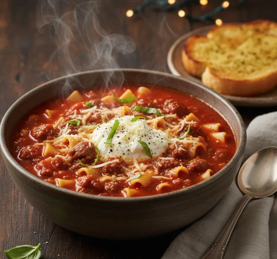 Steaming bowl of lasagna soup topped with cheese and basil