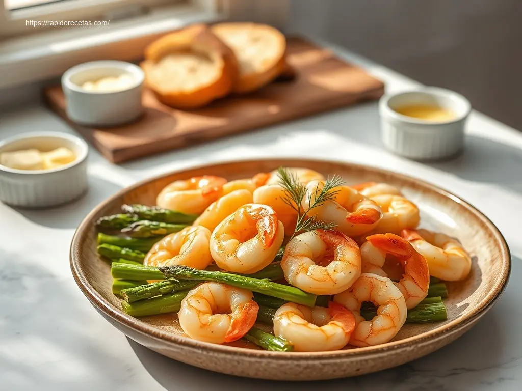 Delicious lemon garlic butter shrimp with asparagus on a white table