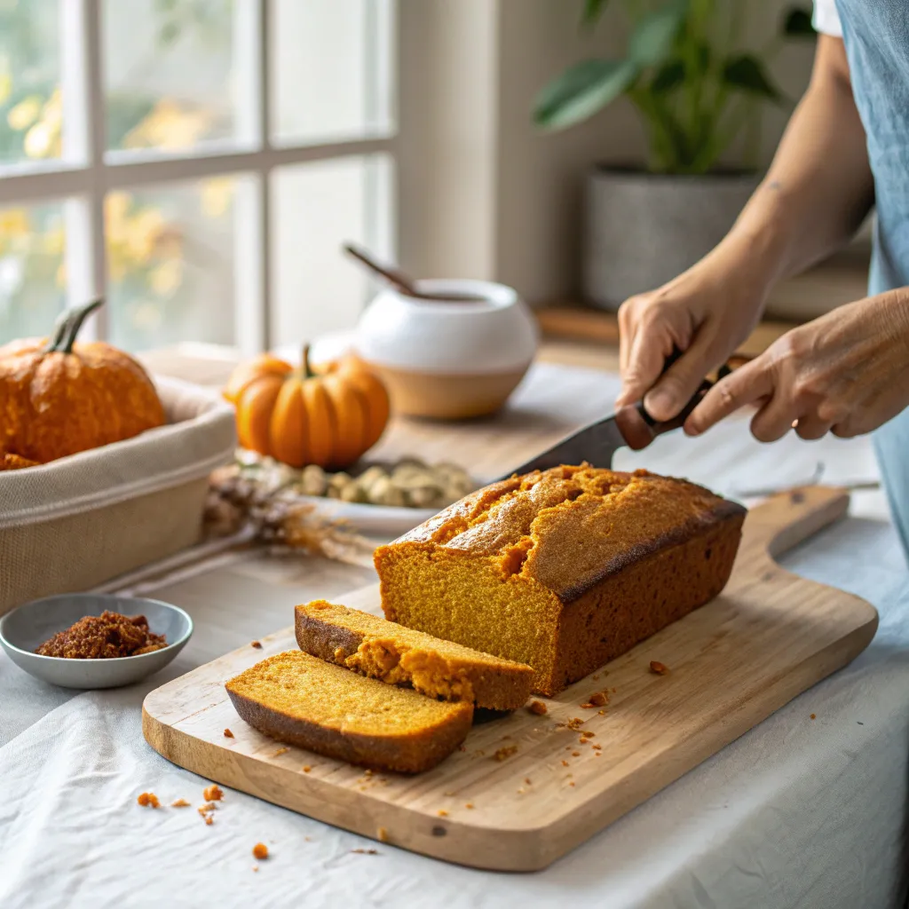 Healthy Pumpkin Bread: How To Make It With 3 Simple Swaps 7 Person slicing pumpkin bread in cozy kitchen