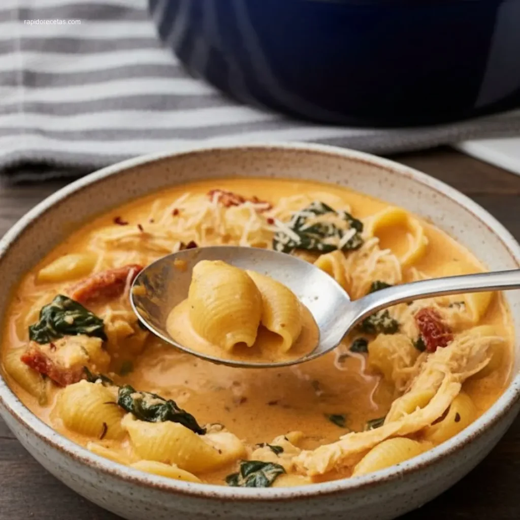 Warm rich creamy Marry Me Chicken Soup with gnocchi and bread