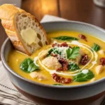 Spoon lifting rich creamy Marry Me Chicken Soup with gnocchi