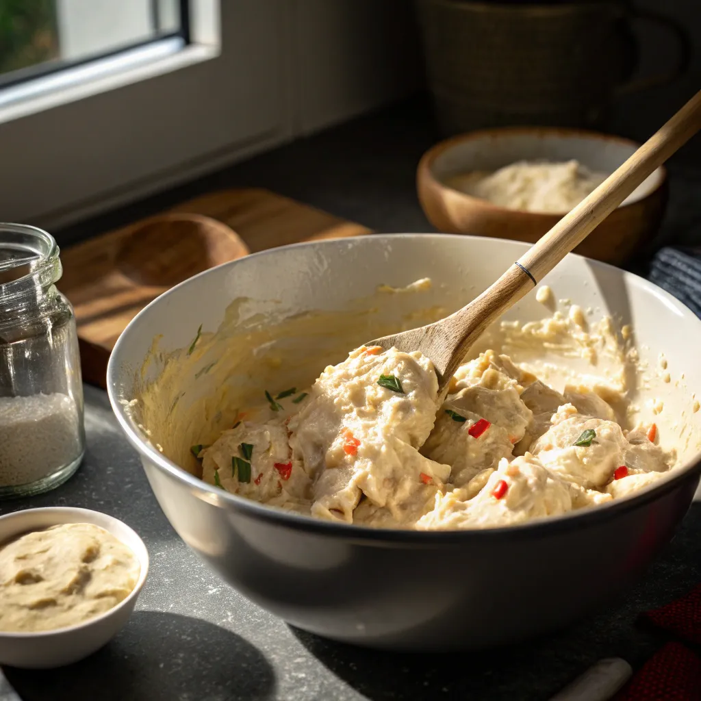 Neiman Marcus Chicken Casserole: 7 Easy Steps to Make It 7 Mixing bowl with creamy chicken mixture