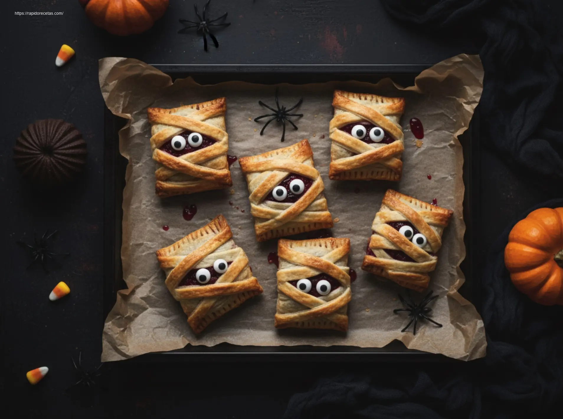 Mummy Cherry Pies: 6 Quick & Delicious Ideas 3 Overhead shot of delicious Mummy Cherry Pies for Halloween.