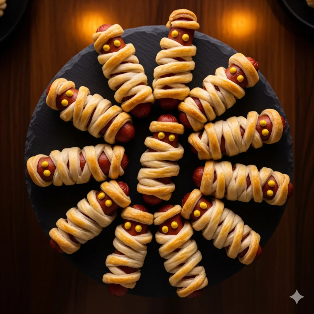 Halloween Food: 7 Easy Party Recipes 6 Hot dogs wrapped in pastry strips with mustard eyes styled as mummies