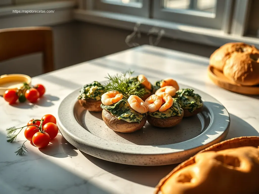 Delicious spinach and shrimp stuffed mushrooms ready to serve