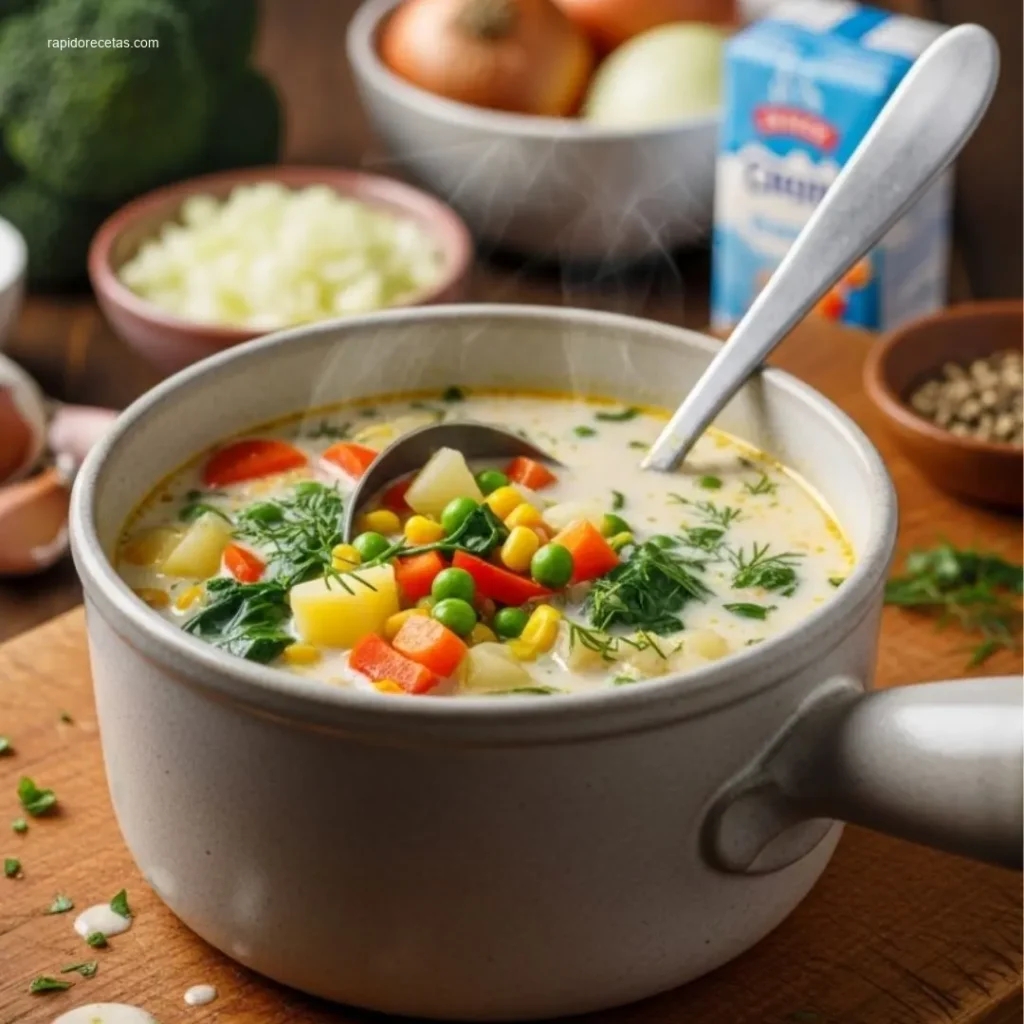 Hearty creamy vegetable soup with bread