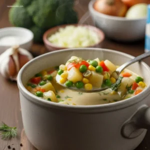 Delicious One-Pot Creamy Vegetable Soup overhead shot