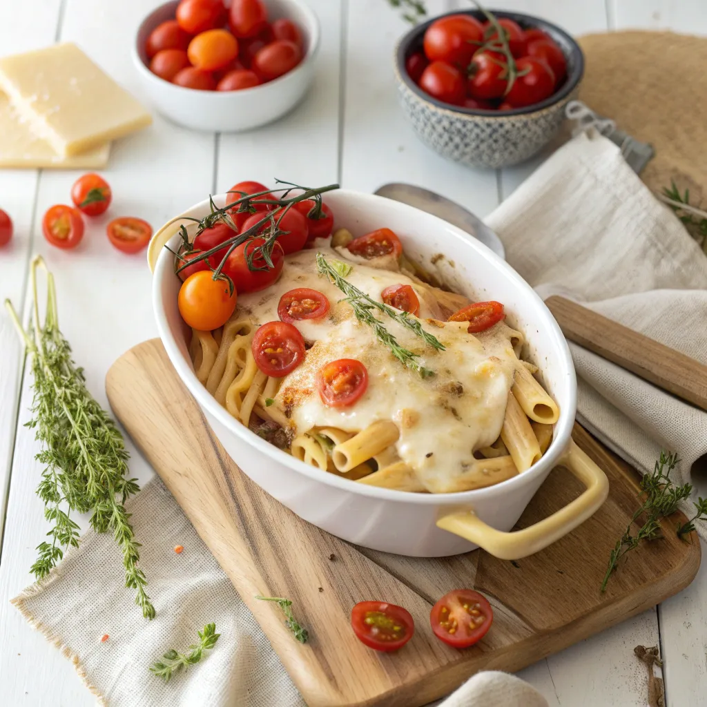 Overhead shot of baked brie pasta with cherry tomatoes and melted cheese