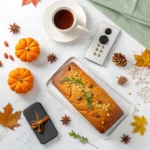 Healthy Pumpkin Bread: How To Make It With 3 Simple Swaps 9 Flat lay of pumpkin bread with coffee and autumn décor