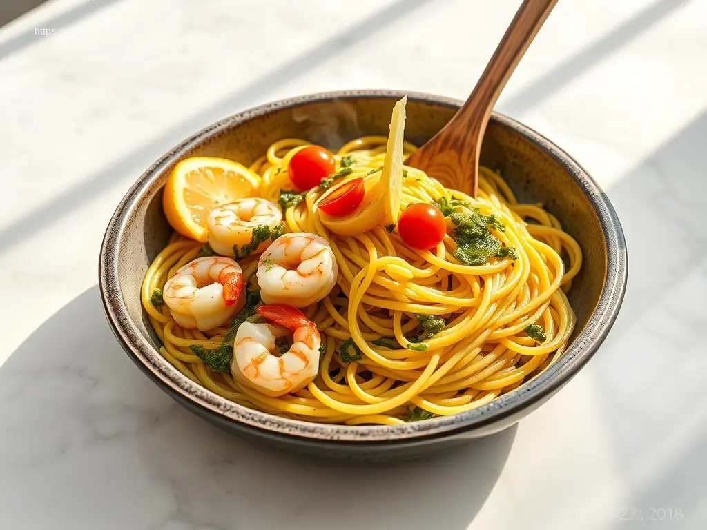 Pesto Shrimp Spaghetti: My 10 Best Recipes 1 Delicious pesto shrimp spaghetti with fresh basil garnish