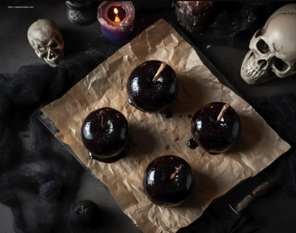 45-degree view of a bitten black Poison Apples recipe on a plate.