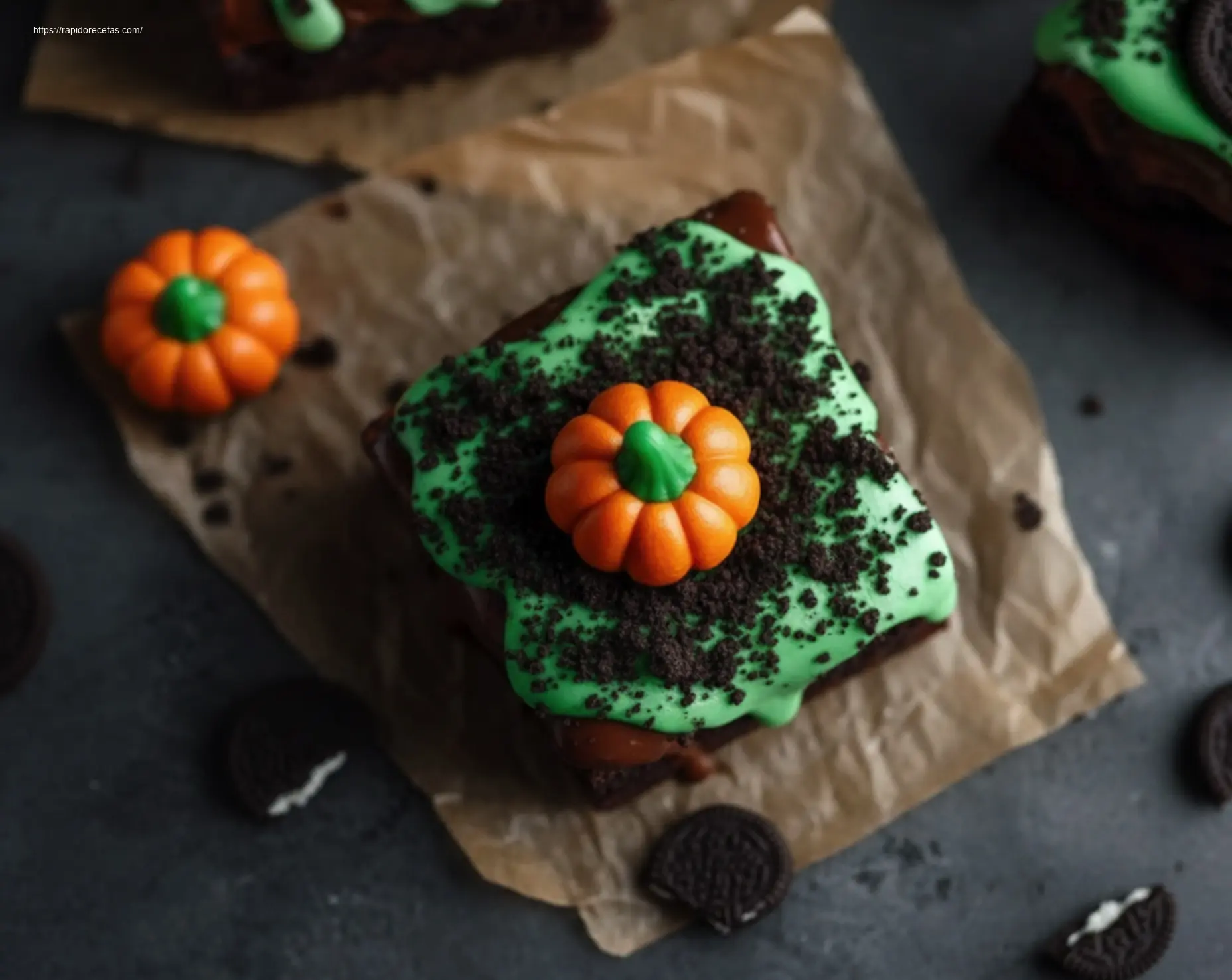 Angled shot of a delicious Pumpkin Patch Brownie on a plate.