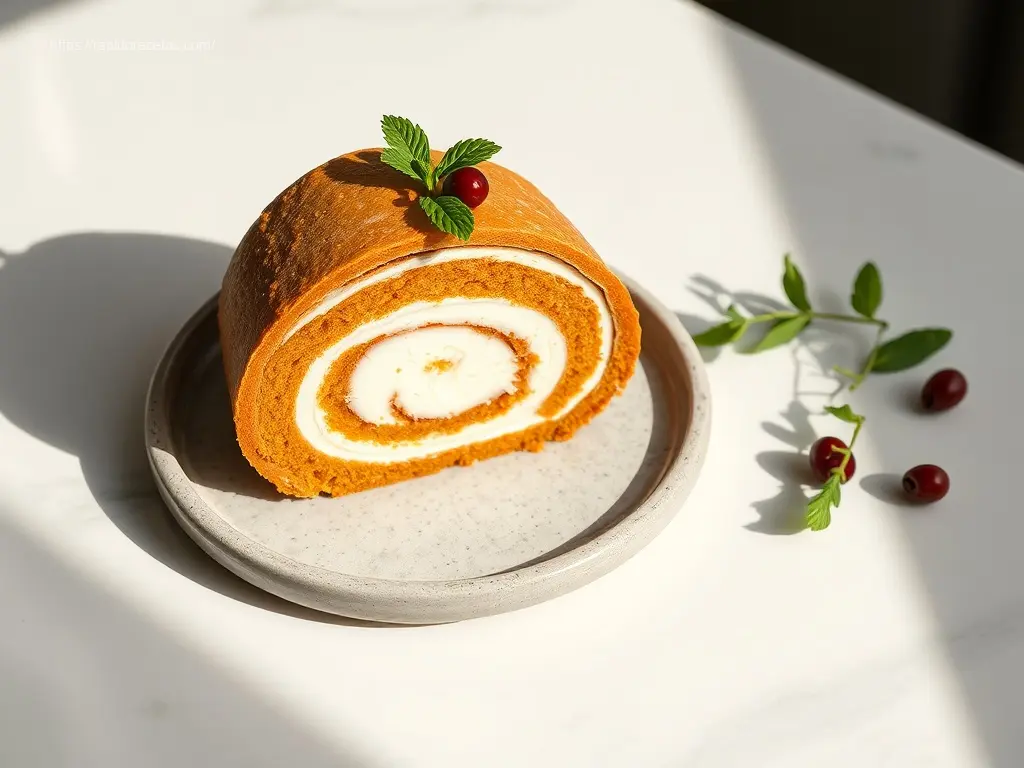 Pumpkin Roll Cake with Cream Filling: 3 Must-Know Tricks. 1 Delicious Pumpkin Roll Cake with Cream Filling on a white marble table