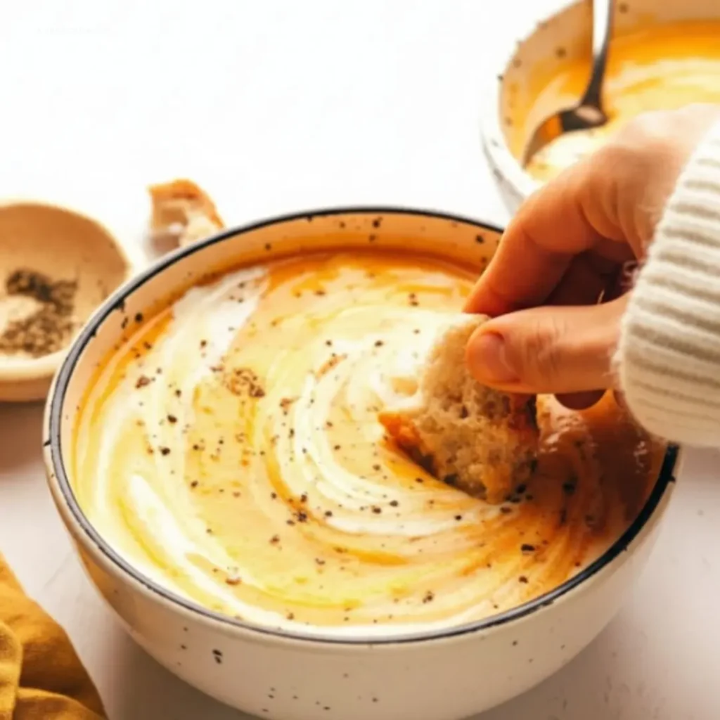Spoon lifting Roasted Vegetable Soup close up