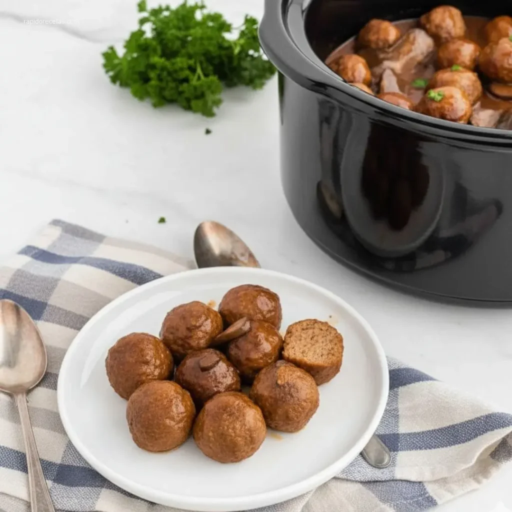 Slow Cooker Salisbury Steak Meatballs: 5 Easy Steps 5 Fork lifting a Slow Cooker Salisbury Steak Meatball
