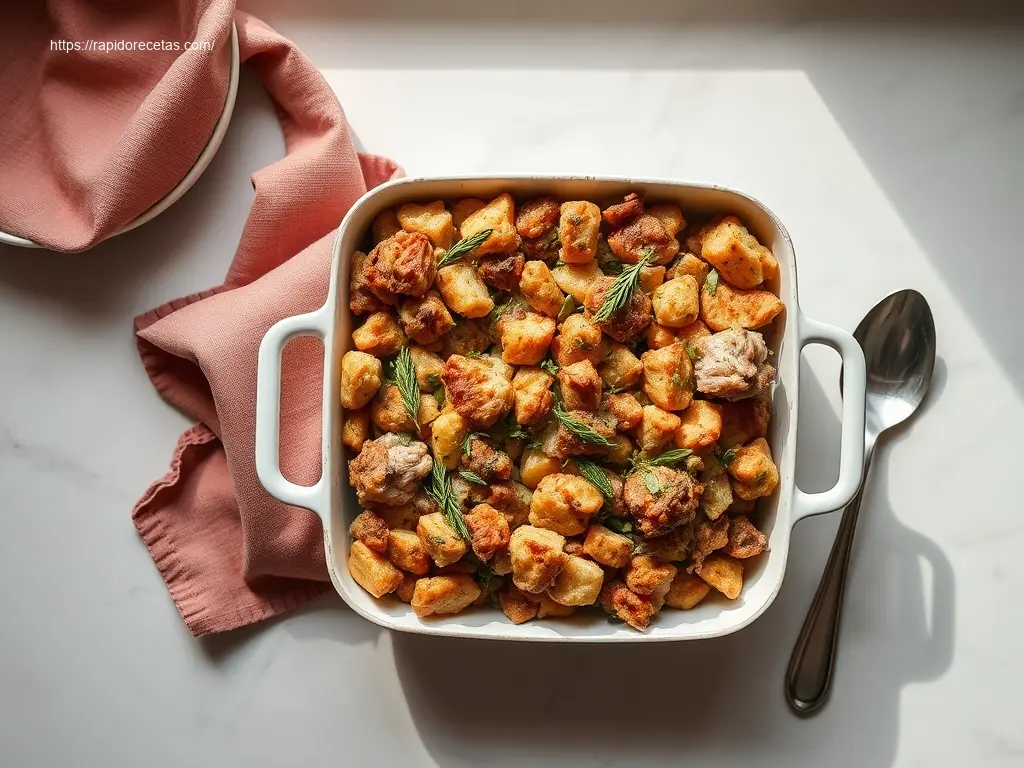 Delicious Savory Turkey and Herb Stuffing flatlay view