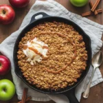 Apple Crisp: How to Make the Best Dessert 5 Overhead view of apple crisp in a cast-iron skillet with caramel drizzle