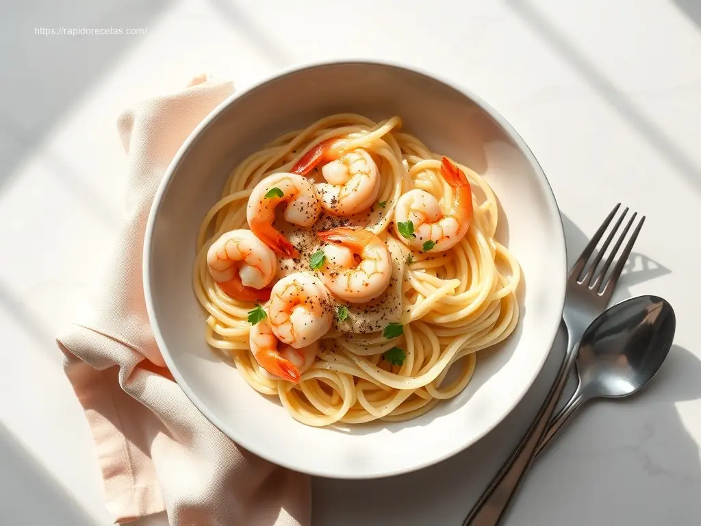 Delicious shrimp carbonara with parmesan on white marble