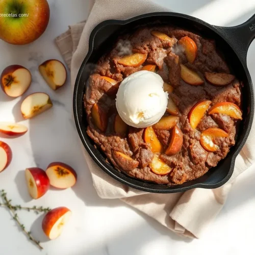 Warm Skillet Apple Pie Brownie with melting ice cream