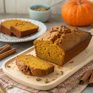 Classic pumpkin bread with pumpkin in background