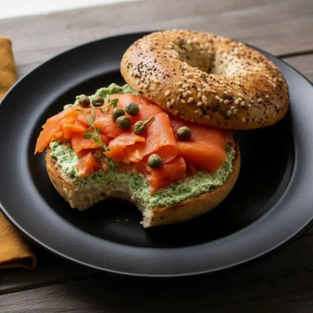 Close-up of a hand holding a delicious smoked salmon bagel