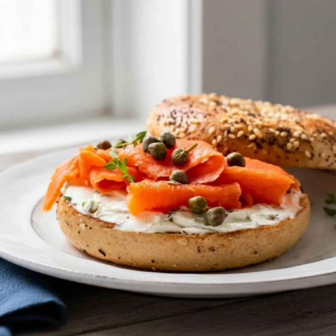 Delicious smoked salmon bagel with cream cheese and fresh dill