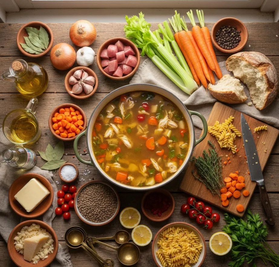 Soup: 3 Healthy One-Pot Wonders 7 Flat lay of soup ingredients with pot in the center