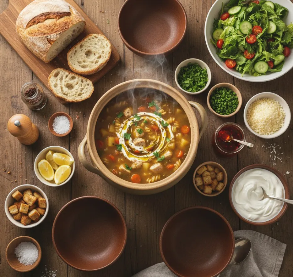 Top view of hearty soup pot with bread salad and toppings