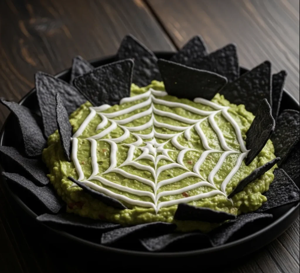 Halloween food ideas: How to make 8 quick bites. 8 Halloween guacamole dip with spiderweb design