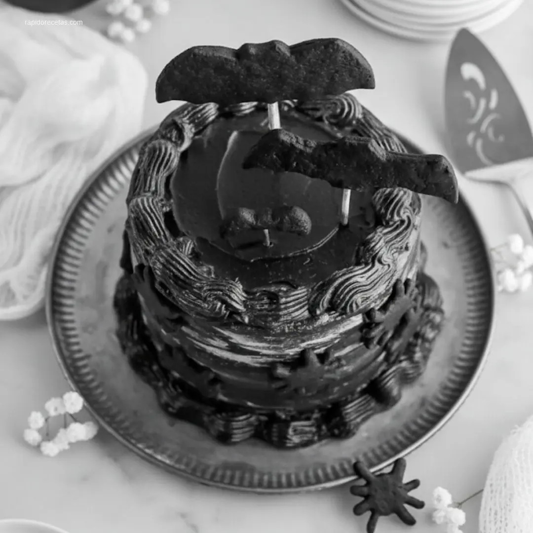 Spooky Black Velvet Halloween Cake on white marble