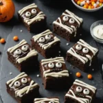 Spooky Mummy Brownie on a plate, 45-degree table view.