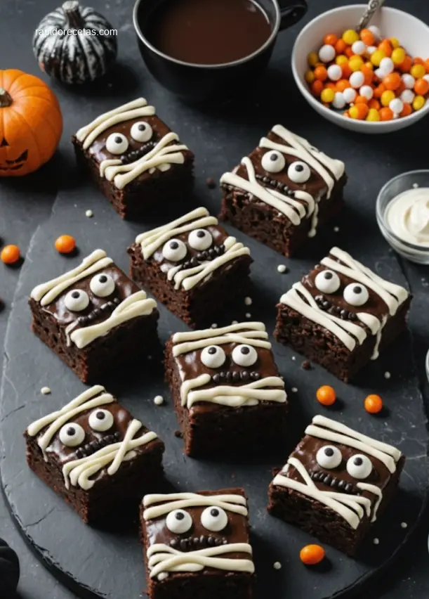 Spooky Mummy Brownie on a plate, 45-degree table view.