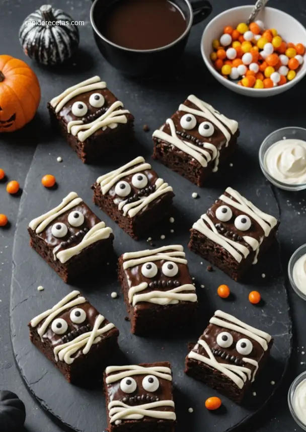 Delicious Spooky Mummy Brownies for a Halloween party, overhead view.