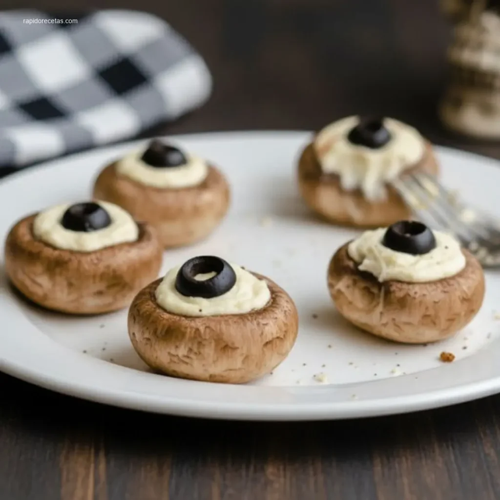 Spooky Stuffed Mushroom Eyeballs in a rustic bowl on marble