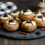 Spoon lifting a Spooky Stuffed Mushroom Eyeball