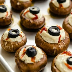Spooky Stuffed Mushroom Eyeballs arranged on a platter