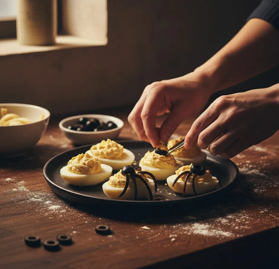 Halloween Appetizers: 2 Simple & Spooky Recipes 6 Hands assembling spider deviled eggs on dark plate