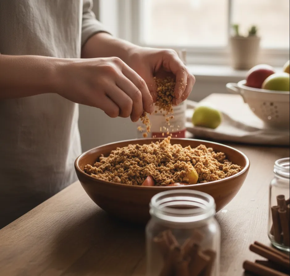 Apple Crisp: How to Make the Best Dessert 7 Hands sprinkling crumble topping over apples in a wooden bowl