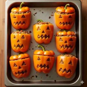 Orange bell peppers carved like jack-o-lanterns and stuffed with rice and vegetables Halloween Food