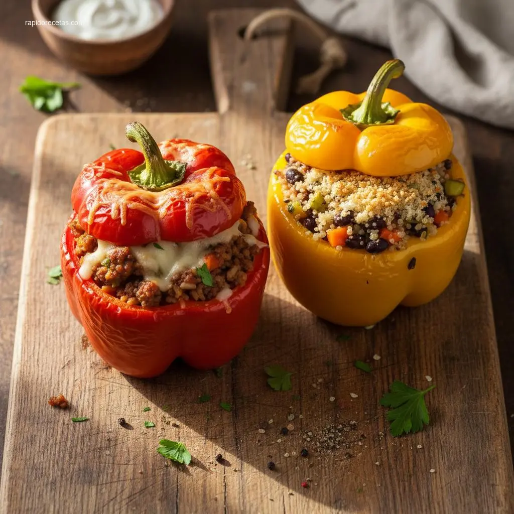 Delicious stuffed bell peppers on a wooden board.