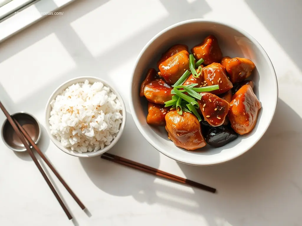 Teriyaki Chicken with Jasmine Rice: 5 Easy Steps 1 Delicious teriyaki chicken with jasmine rice in a white bowl