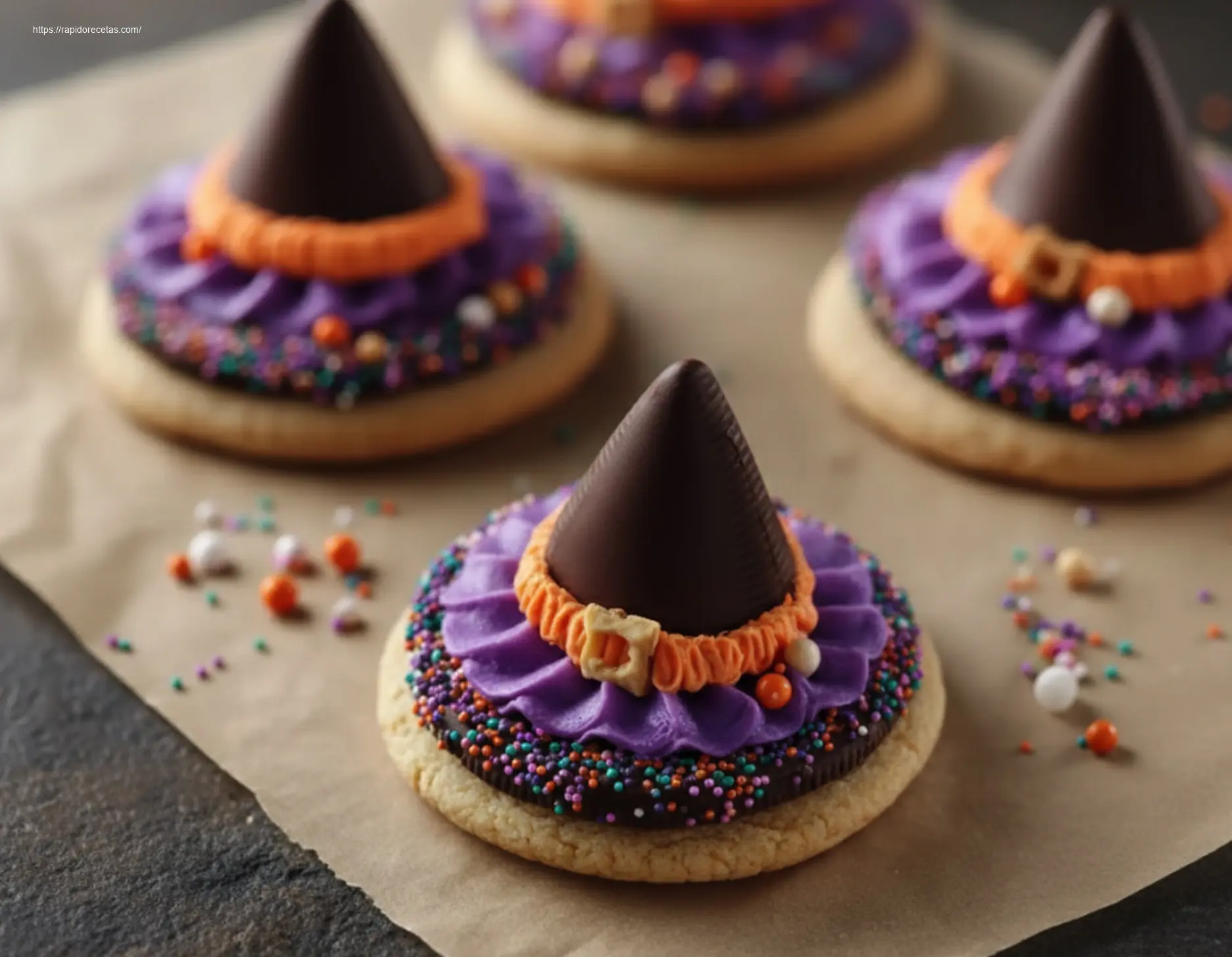 Close-up of a single purple Witch Hat Cookie on a white saucer.