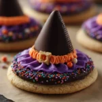 Whimsical Witch Hat Cookies artfully arranged on a black plate.