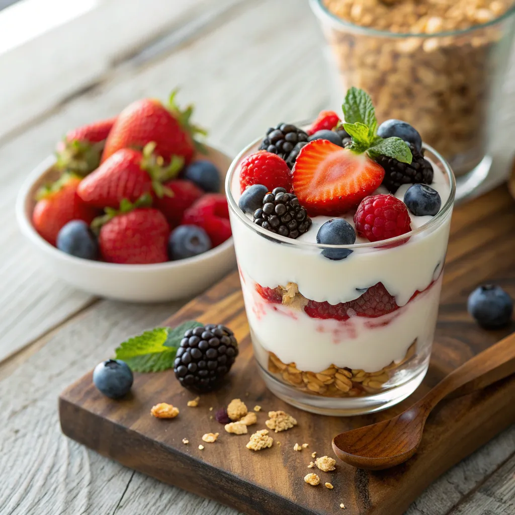 Frozen Yogurt Bark: How to Make It in 6 Easy Steps 4 Glass of yogurt parfait with granola raspberries blackberries and blueberries